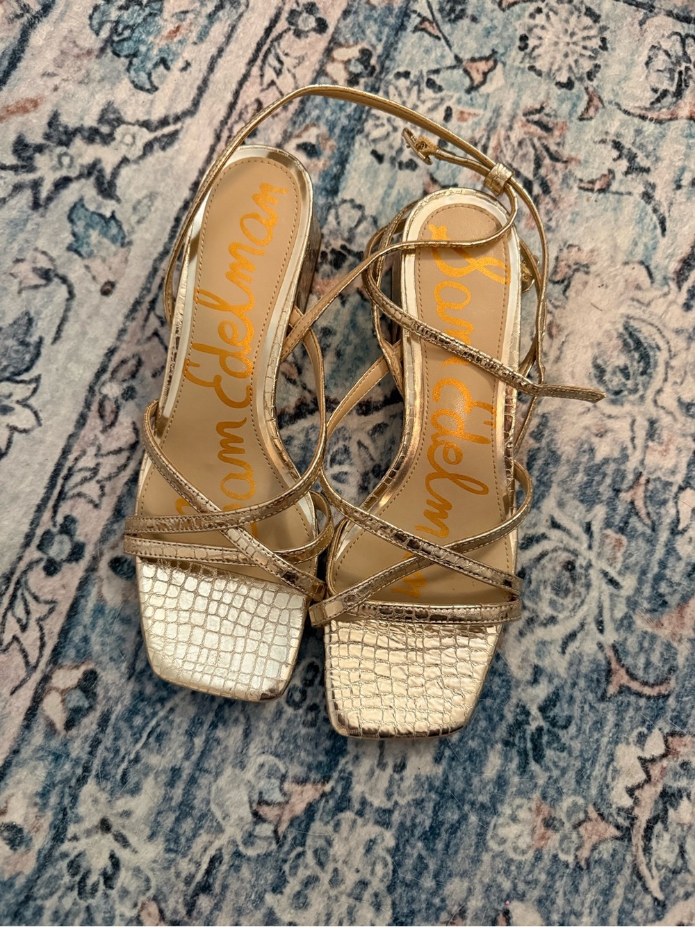 Sam Edelman Metallic Gold Croc-Embossed Strappy Heels